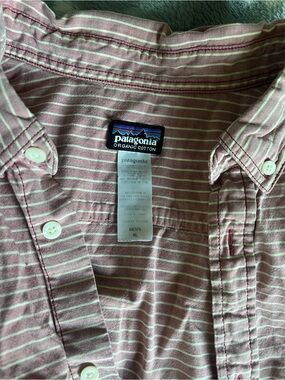 Patagonia Men's Pink and White Stripe Organic Cotton Button-Down Shirt